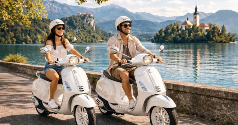 Par na Vespah ob Blejskem jezeru z otokom