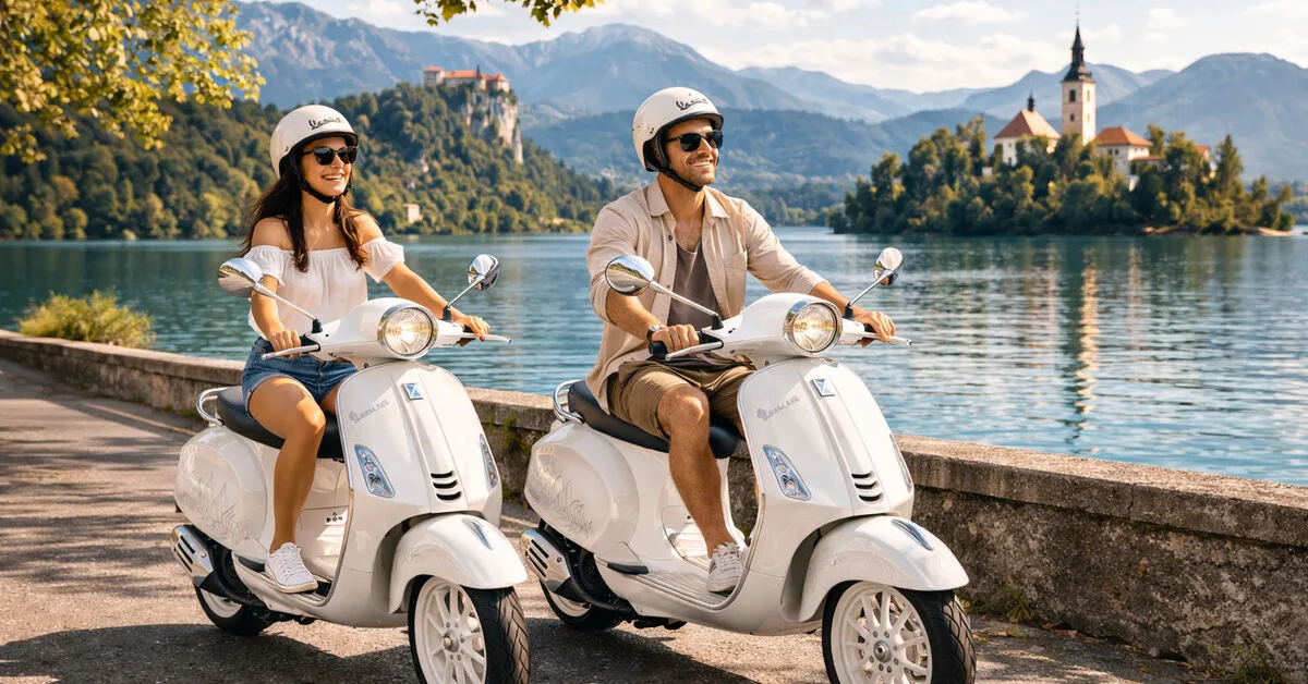 Par na Vespah ob Blejskem jezeru z otokom